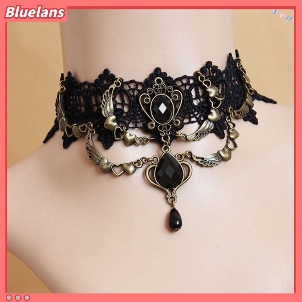Kalung Gelang Cincin Bahan Lace Warna Hitam Gaya Gothic Punk Untuk Wanita