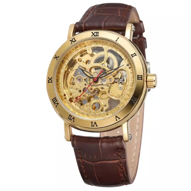 Jam Tangan Forsining Retro Klasik Transparan Automatic Mechanical Golden Luxury Tali Kulit