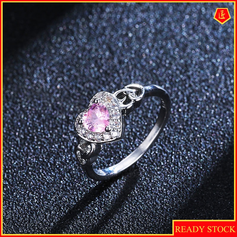 [Ready Stock]Korean Style Fashion Popular Heart-Shaped Pink Crystal Ring