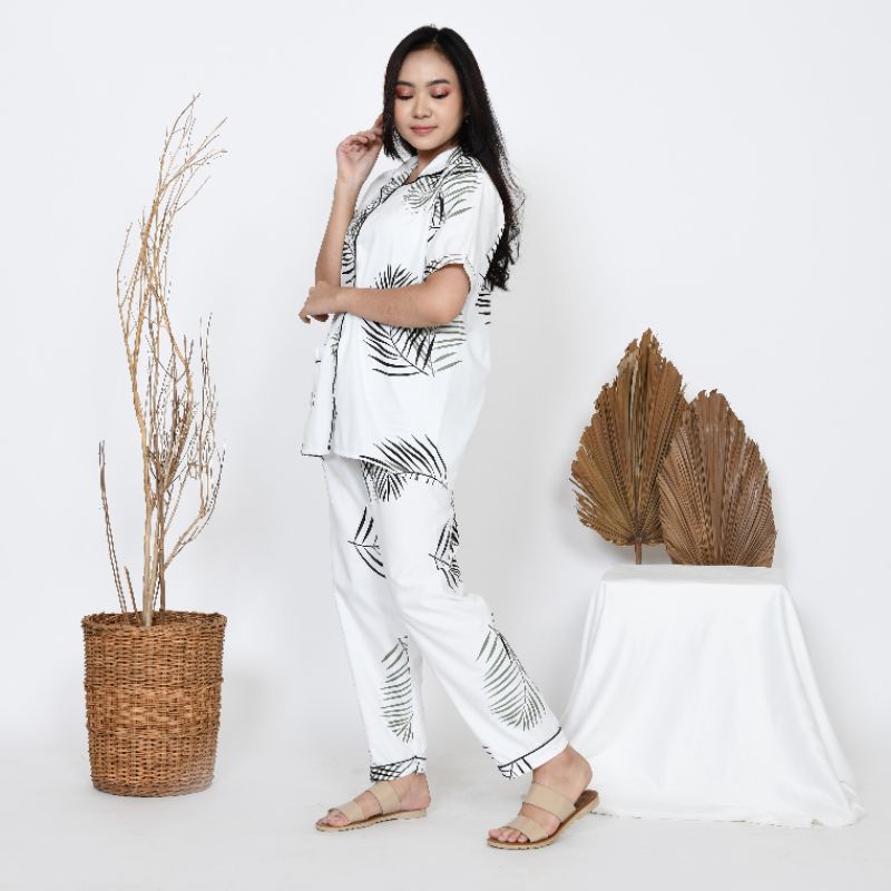 Baju Tidur Piyama Wanita Dewasa Motif Big Coco Daun CP Lengan Pendek Celana Panjang Kekinian