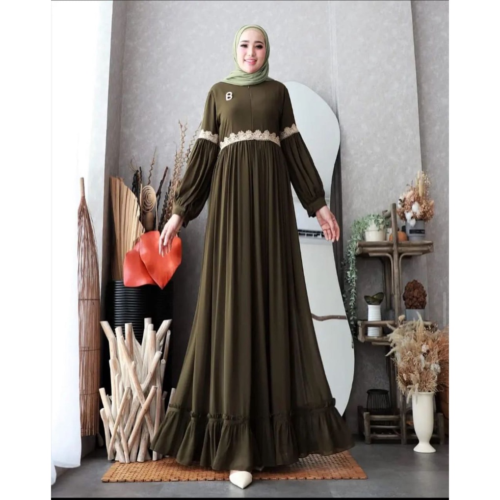 GAMIS WANITA WULAN DRESS BO CERUTY BABYDOLL FULL PURING APLIKASI RENDA LD 100 cm PB 130 cm ZIPPER DEPAN GAMIS CERUTY WNAITA TERBARU 2023 KEKINIAN / DRESS WANITA JUMBO / MAXY DRESS BUSUI / FASHION WANITA MUSLIM MODERN / PAKAIAN WANITA BAJU MUSLIM WANITA