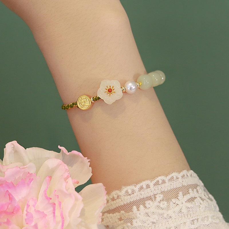 Gelang Tangan Tali Kepang Aksen Bunga Peach Blossom Gaya Etnik Untuk Wanita