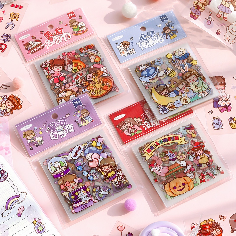 Stiker Aesthetic  25  Lembar |Girl & Bunny Korea | Sticker PVC PET  Untuk Deco Scrapbook Diary Jurna