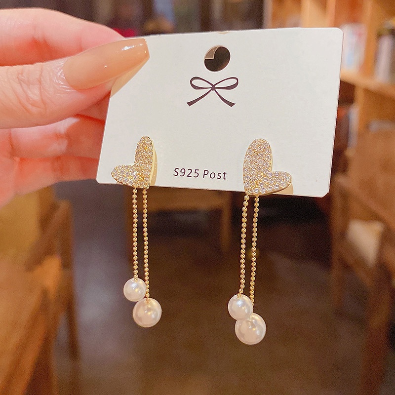 Anting Gantung Panjang Model Hati Dengan Rumbai Mutiara Bahan silver 925 Untuk Wanita