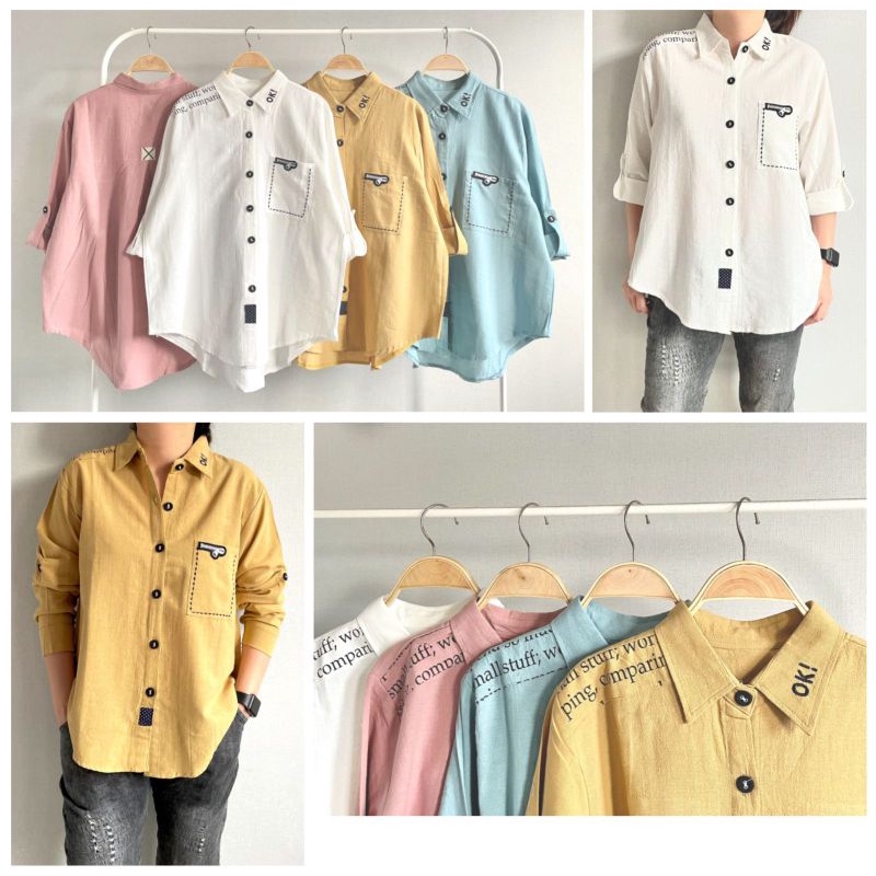 Atasan Kemeja Wanita Katun Linen Import Polos Shanghai Baru Lubana #