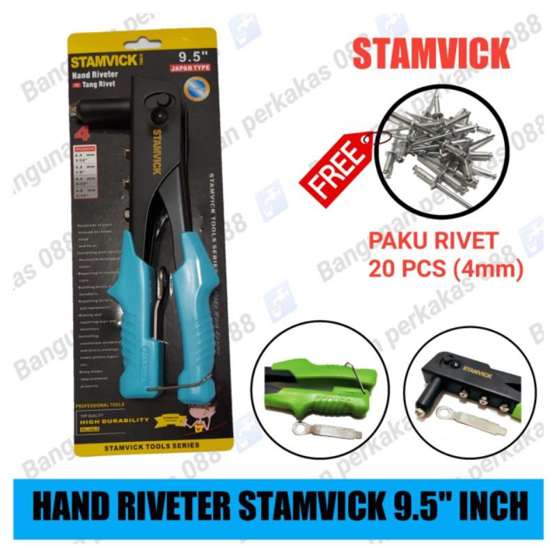 STAMVICK JAPAN 9.5&quot; / HAND RIVETER 2.4MM-4.8MM/TANG RIVET BONUS PAKU 20 PCS