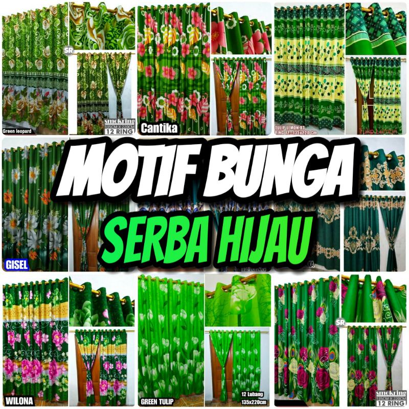 Gorden smokring 12 ring Gorden Jendela Gorden pintu Motif Bunga Serba Hijau