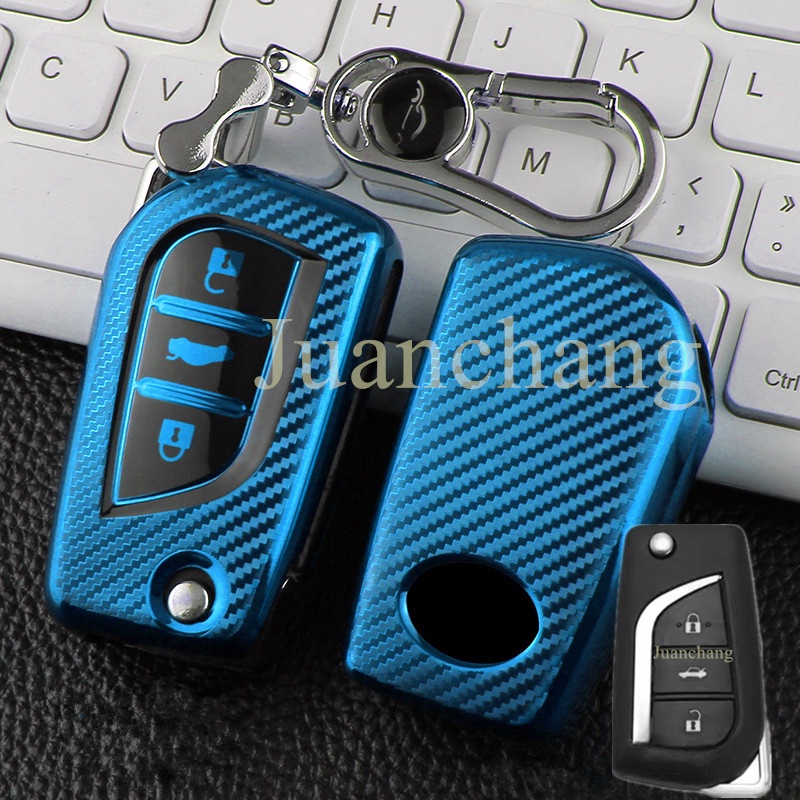 Casing Kunci Mobil 3 Tombol Bahan TPU Aksen Serat Karbon Untuk Toyota Auris Corolla Avensis Verso Yaris Aygo Scion TC IM 2015 2016 Camry RAV4