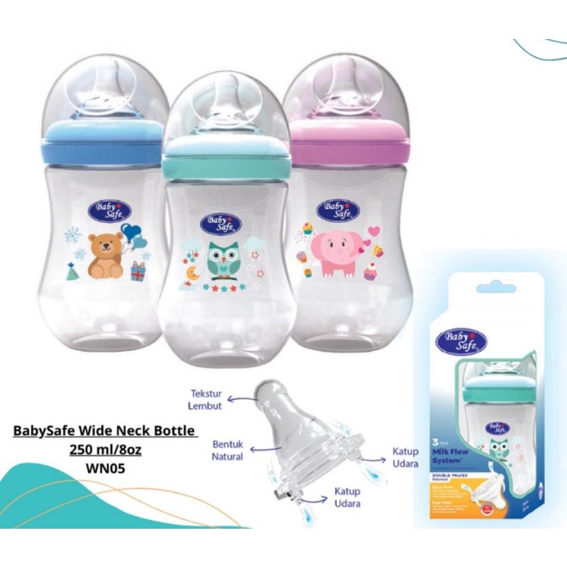 Baby Safe WN02 WN05 250ml (3m+) Milk Flow System Bottle Wide Neck Motif &amp; Polos