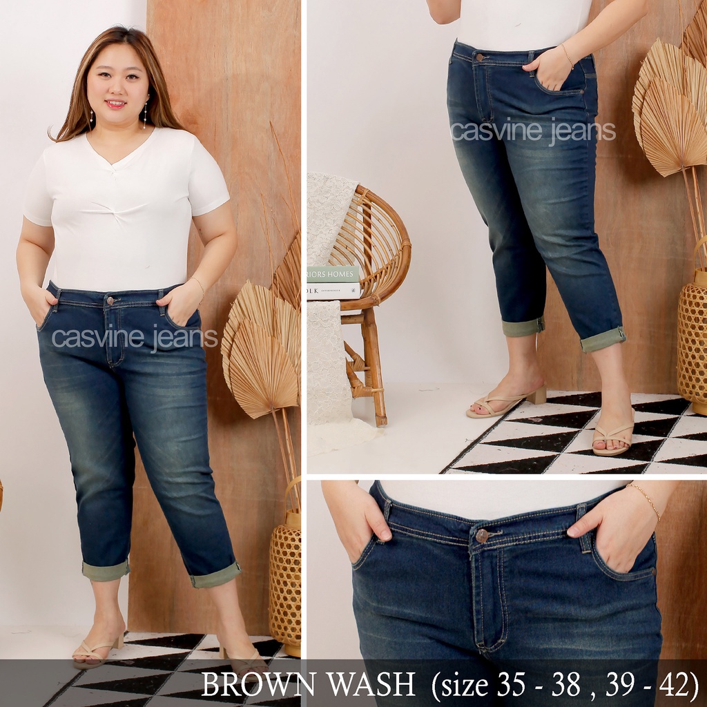 Celana Jeans Cewek Wanita Brown Wash Super Bigsize Over Jumbo Whisker Mom Jeans