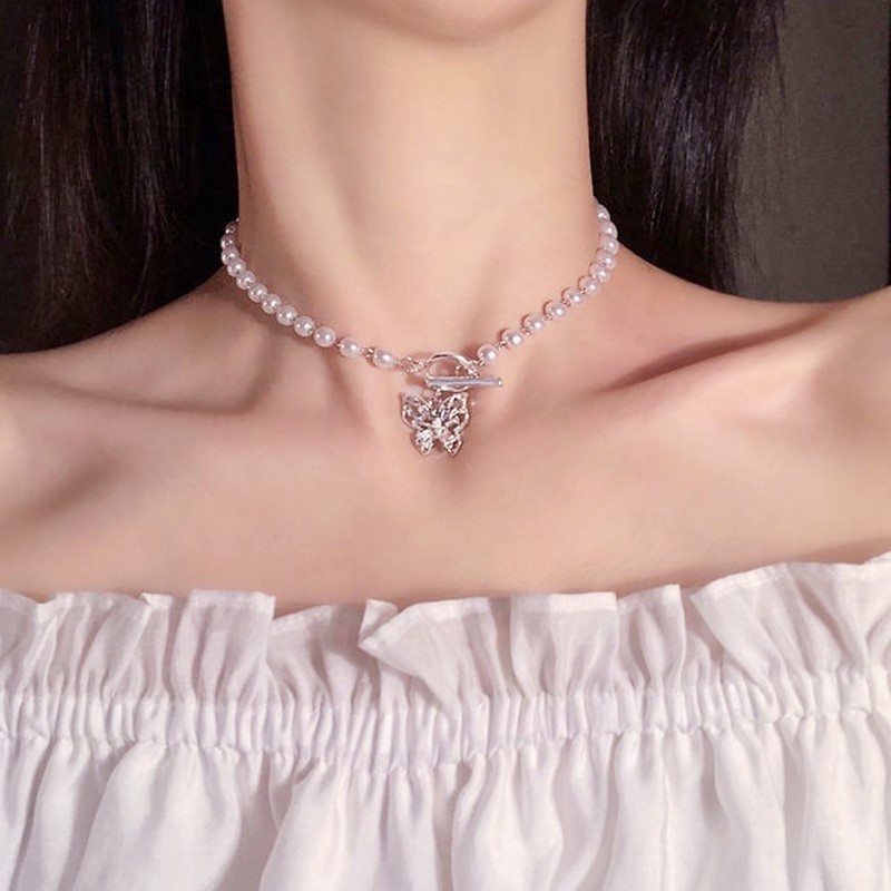 Kalung Rantai Tulang Selangka Hias Mutiara Kupu-Kupu Berlian Gaya Korea Untuk Wanita