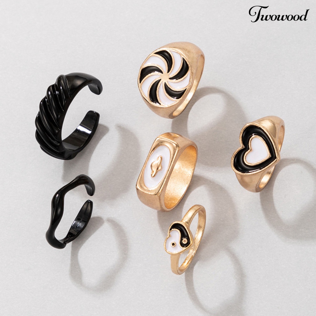 6pcs / Set Cincin Jari Model Terbuka Dapat Ditumpuk Bentuk Hati Kincir Angin Untuk Unisex