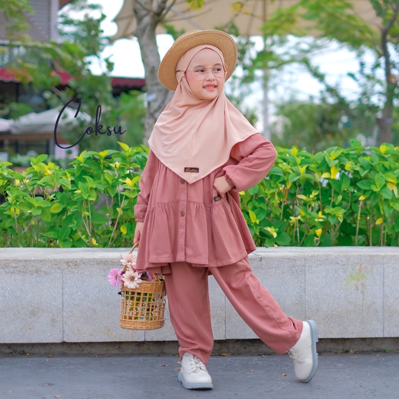 One set Anak NIRMALA- Setelan celana anak perempuan rayon polos 1 2 3 4 5 6 7 8 9 10 tahun Paud SD murah premium by listiaforkids