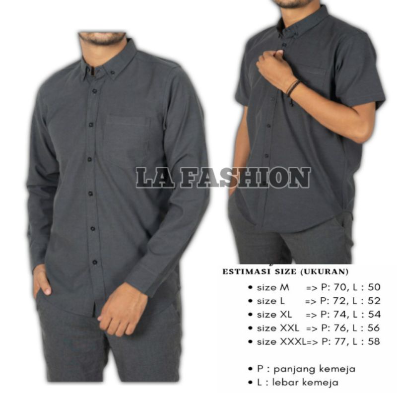 kemeja lengan pendek pria hem polos lengan panjang abu tua dark grey model slimfit premium distro