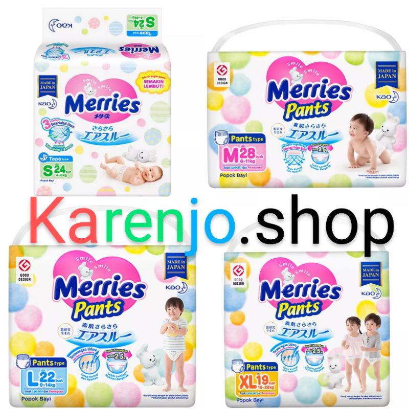 MERRIES Premium Popok Bayi Celana XL19 , L22 , M28 NB24