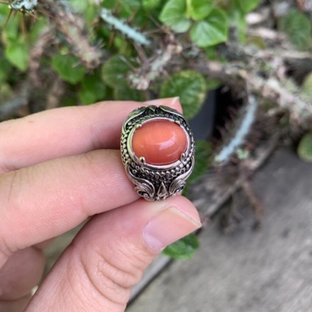 Cincin Batu Paparaca Orange Fenomena Cat Eye Langka Ring Motif Bali Elegan Kantoran