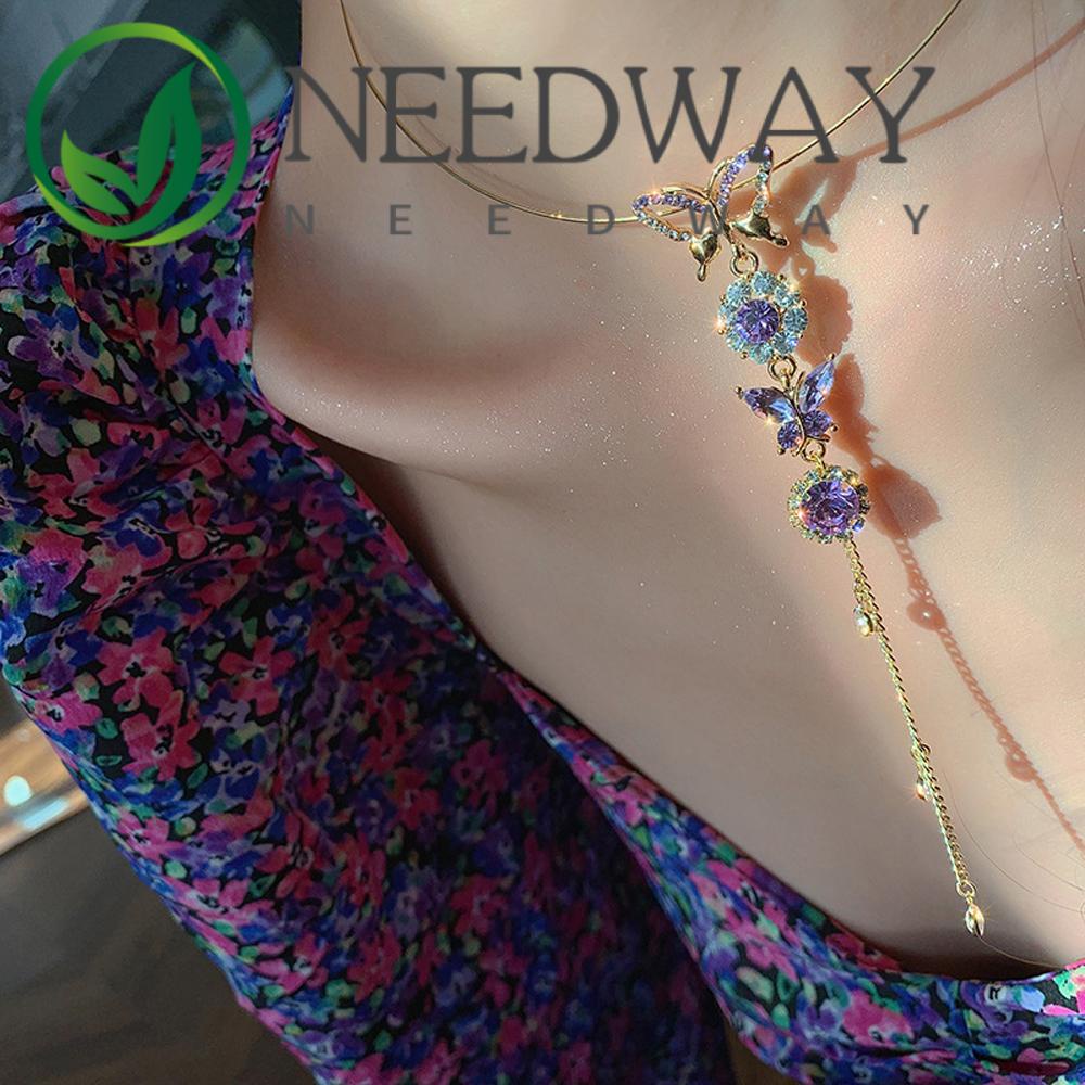 Needway  Fashion Butterfly Choker Women Purple Crystal Flower Necklace New Tassel Fashion Jewelry Chain Choker Rhinestone Girls Pearl/Multicolor
