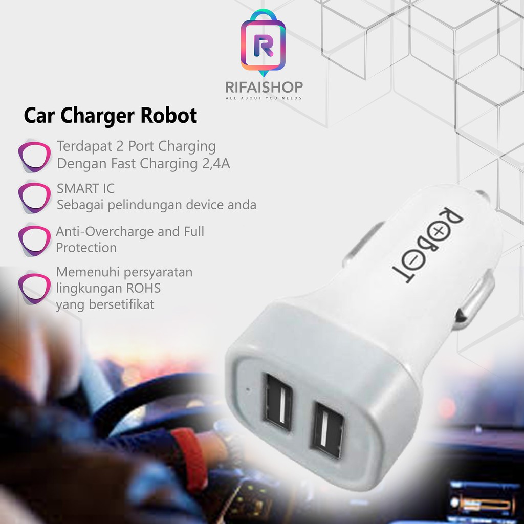 Car Charger Original ROBOT 2PORT USB / Saver Mobil Charger Mobil Fast Charger