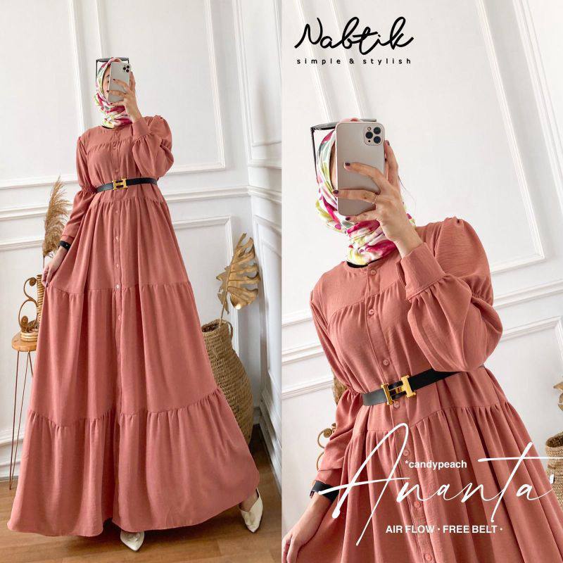 Ananta Gamis -Gamis Susun Crinkle Airflow Premium Lengan Panjang Baju Wanita Muslim Kekinian LD 110 Cm Free Belt