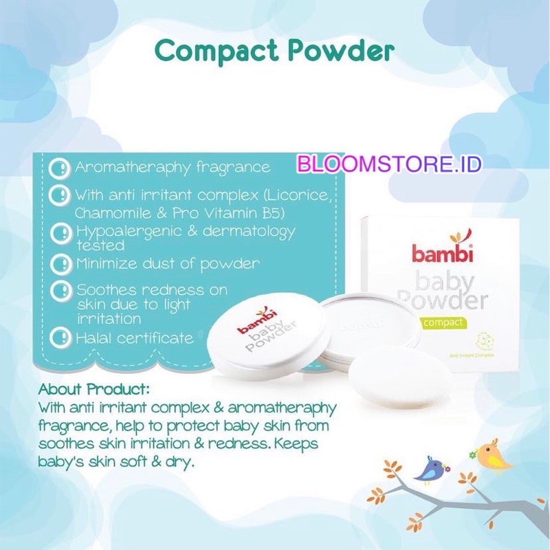 BAMBI Bedak Padat Bayi Baby Compact Talk Talc Powder Cake White 40 G Gr 40G 40Gr Gram 40Gram With Case Anak Refill and &amp; Puff Murah Original Promo Termurah Aromaterapi Aromatherapy Kulit Normal Sensitif Sensitive