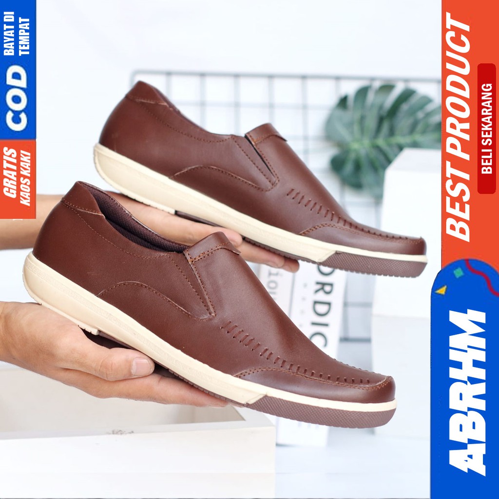 ABRHM x SANVER Sepatu Slip On Casual Kulit Asli Original Slop Anti Slip Kasual Formal Pantofel Kerja Kantor Kuliah Keren Kekinian Gaya Pria Cowok / Cowo