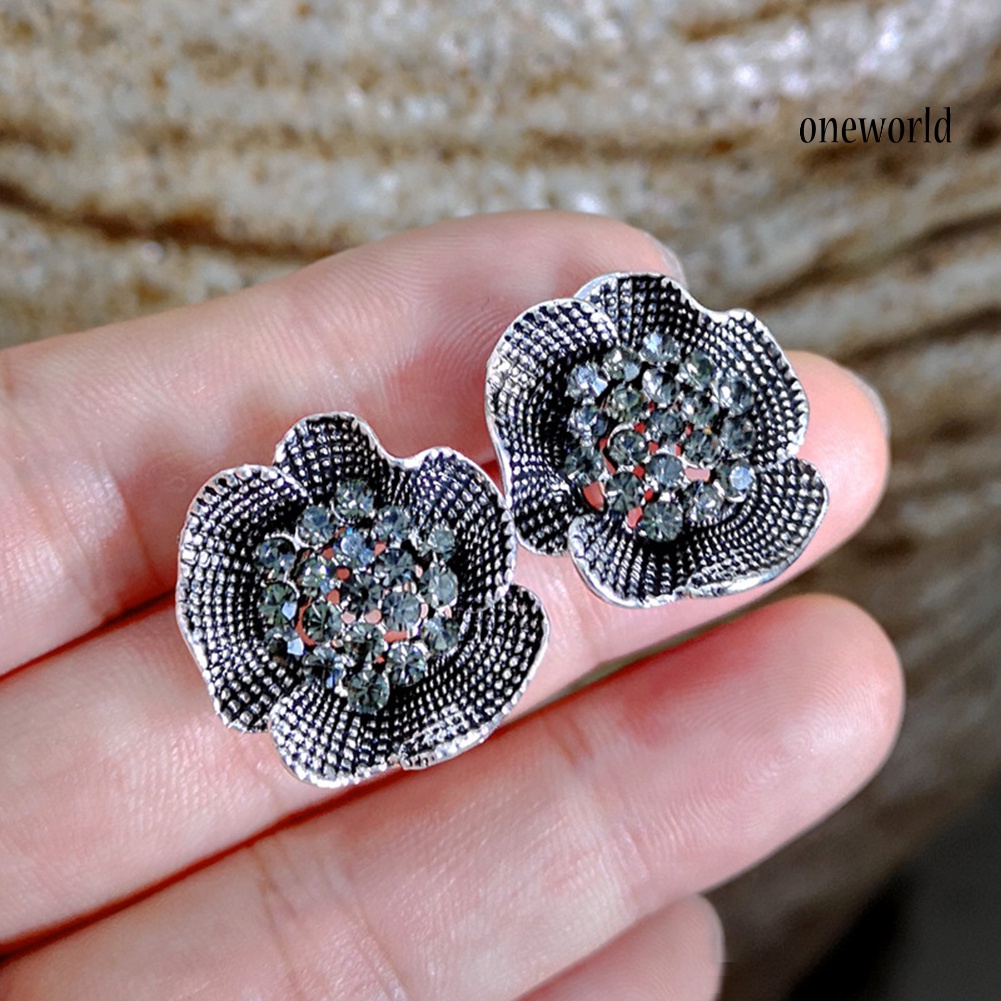 OW@ Vintage Women Rhinestone Inlaid Rose Flower Shape Stud Earrings Jewelry Gift