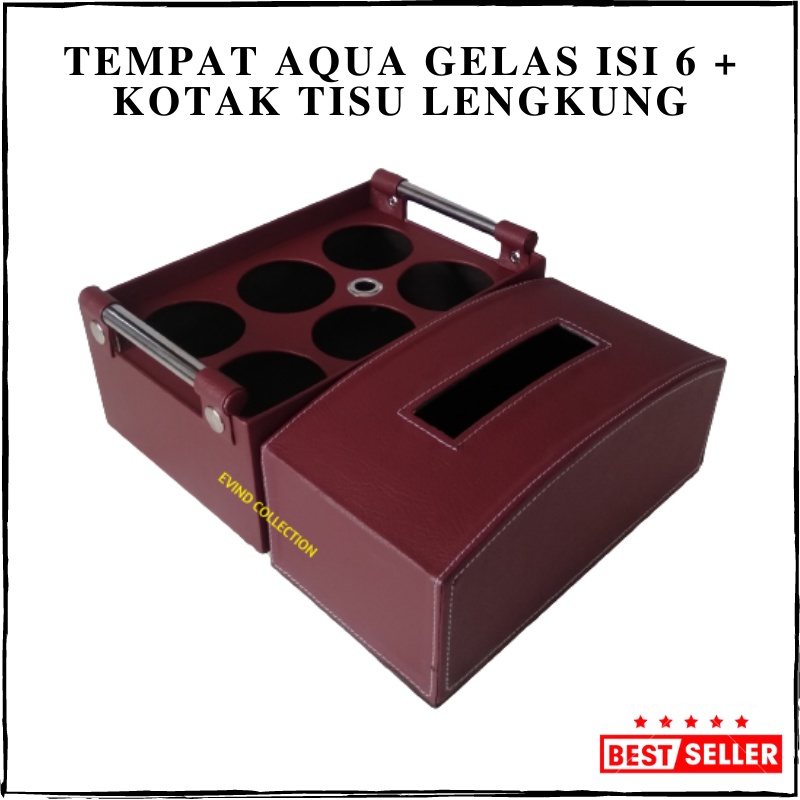 Tempat Air Mineral Isi 6 Cup + Kotak Tisu Kulit Sintetis Model Lengkung Keranjang Aqua Gelas Tempat Tissue