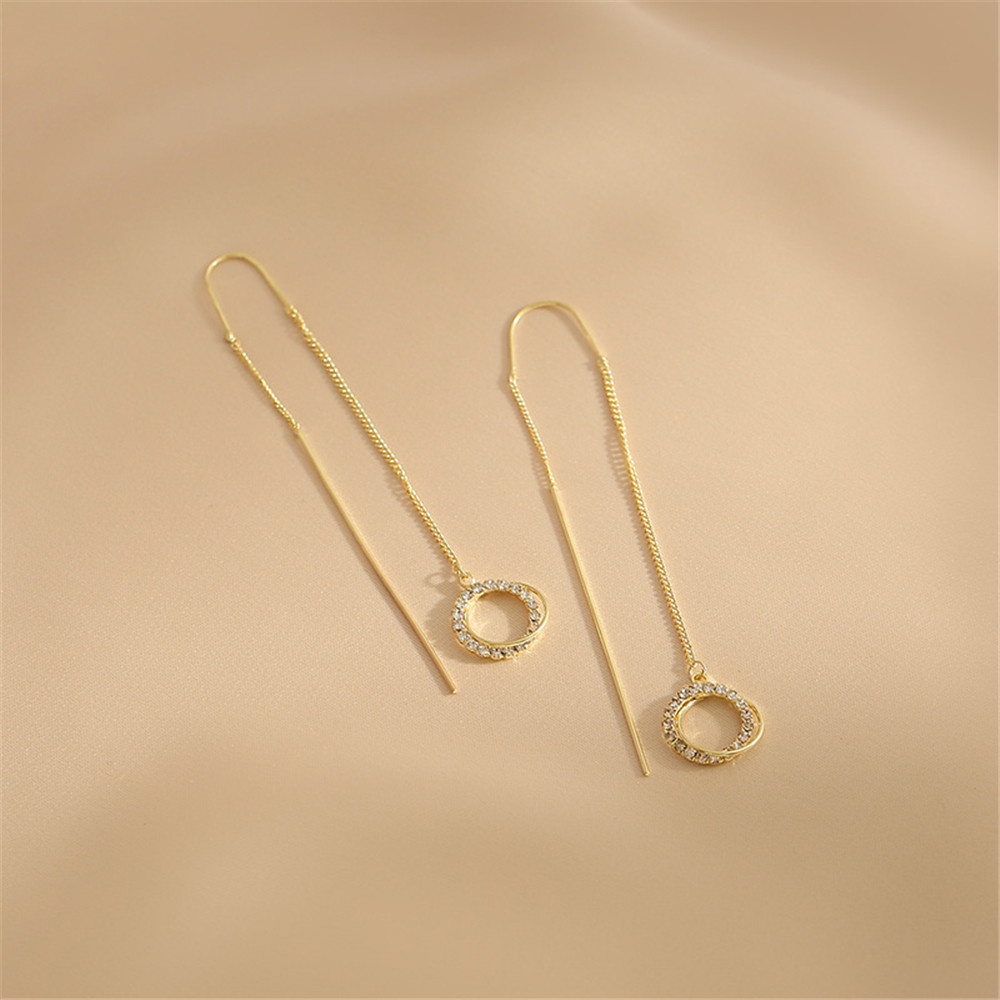 【COD Tangding】Elegant Golden Round Zircon Long Tassel Pendant Earrings Women Fashion Jewelry Accessories