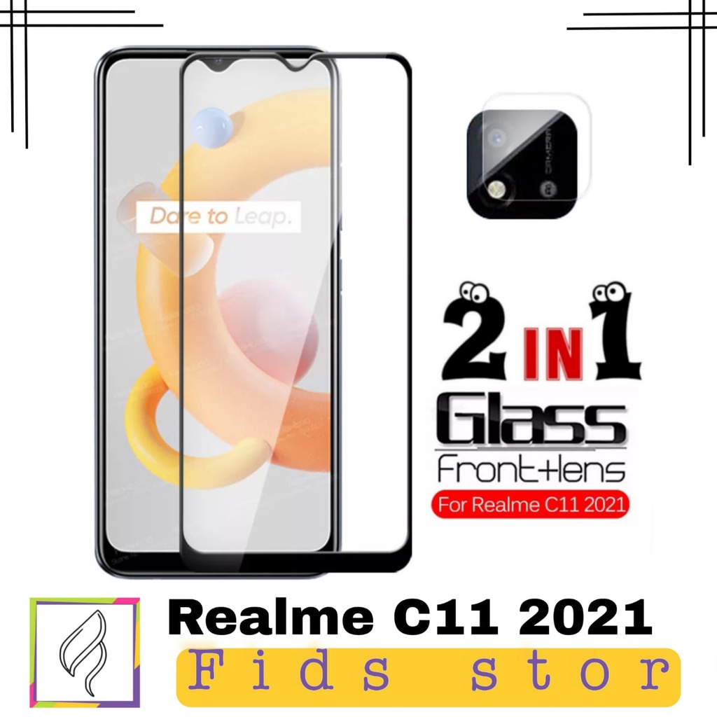 PROMO 2in1 Tempered Glass REALME C11 / C11 2021 Full Layar kaca List Hitam Free Camera Glass