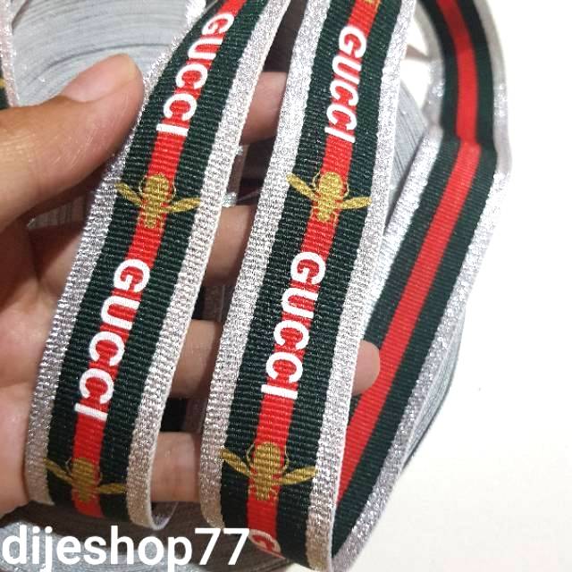 Pita gucci list tebal premium hijau army merah silver metalik 2,5 cm / strap webbing gc lebah 2,5cm