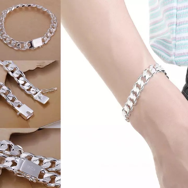 1pc Gelang Rantai Warna Silver Bahan Metal Bentuk Kotak Untuk Pria