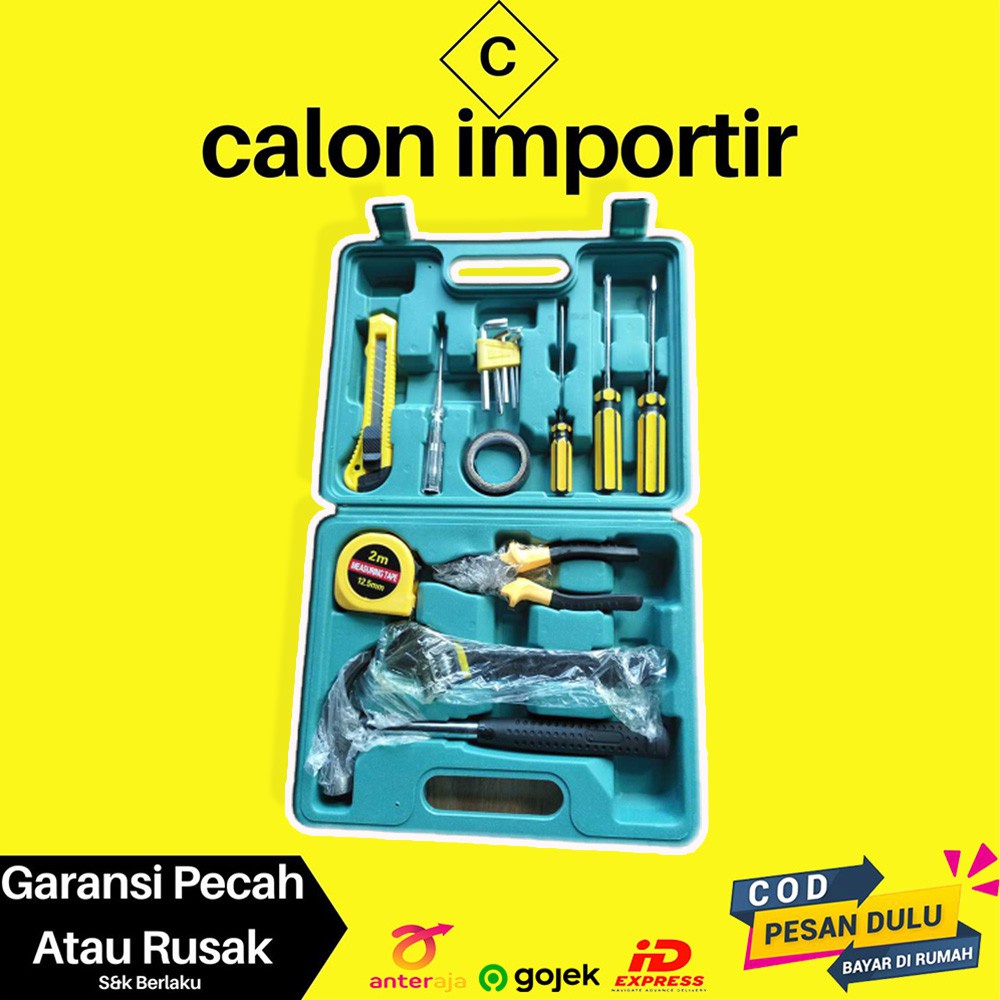 Alat Tool Set Lengkap Perkakas Tukang Bangunan Palu Tang Obeng Kunci Pas Cutter 11 in 1 GRATIS CASE