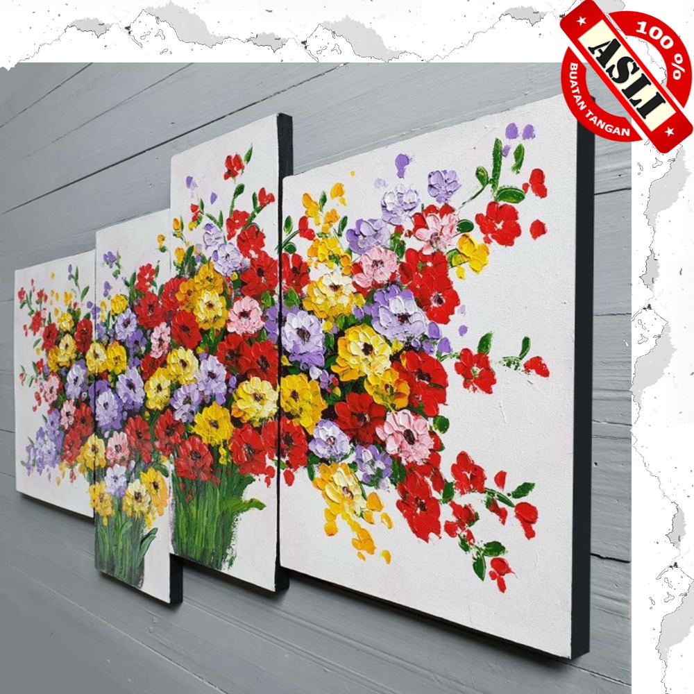 LUKISAN BUNGA PALET WARNA WARNI - UKURAN BESAR LUKISAN DINDING RUANG TAMU KANVAS ABSTRAK WAJAH MINIM