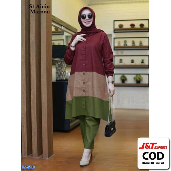 Baju Stelan Wanita Tunik Polos Import Kekinian Terbaru 2021 Alea  TG543 Set Ainin / +Celana /Setelan