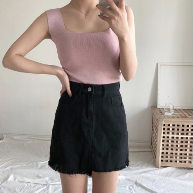 T08 tank top wanita pakaian atasan tanktop cewek korea rajut square neck inner wear-Pink