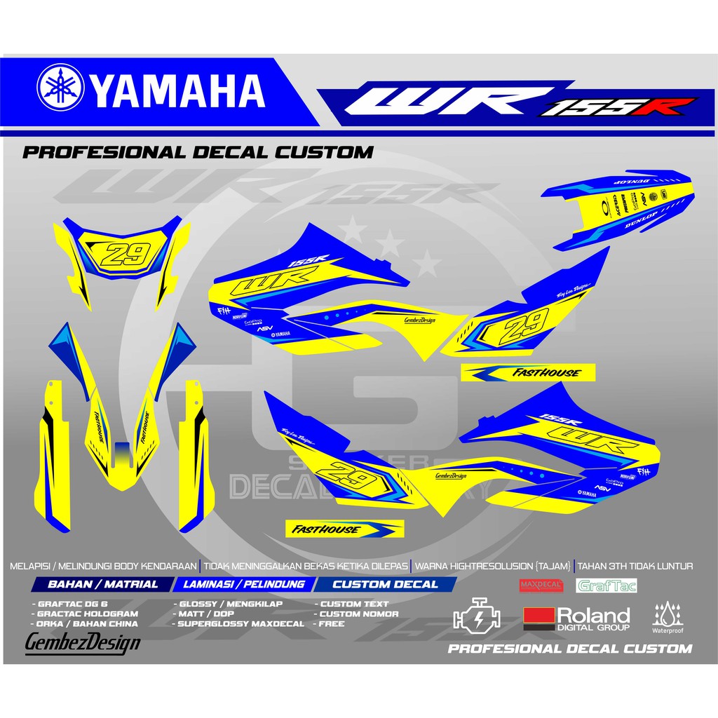 STIKER DECAL YAMAHA WR 155 MODEL SIMPLE 001 SUPRMOTO HITAM KUNING BIRU