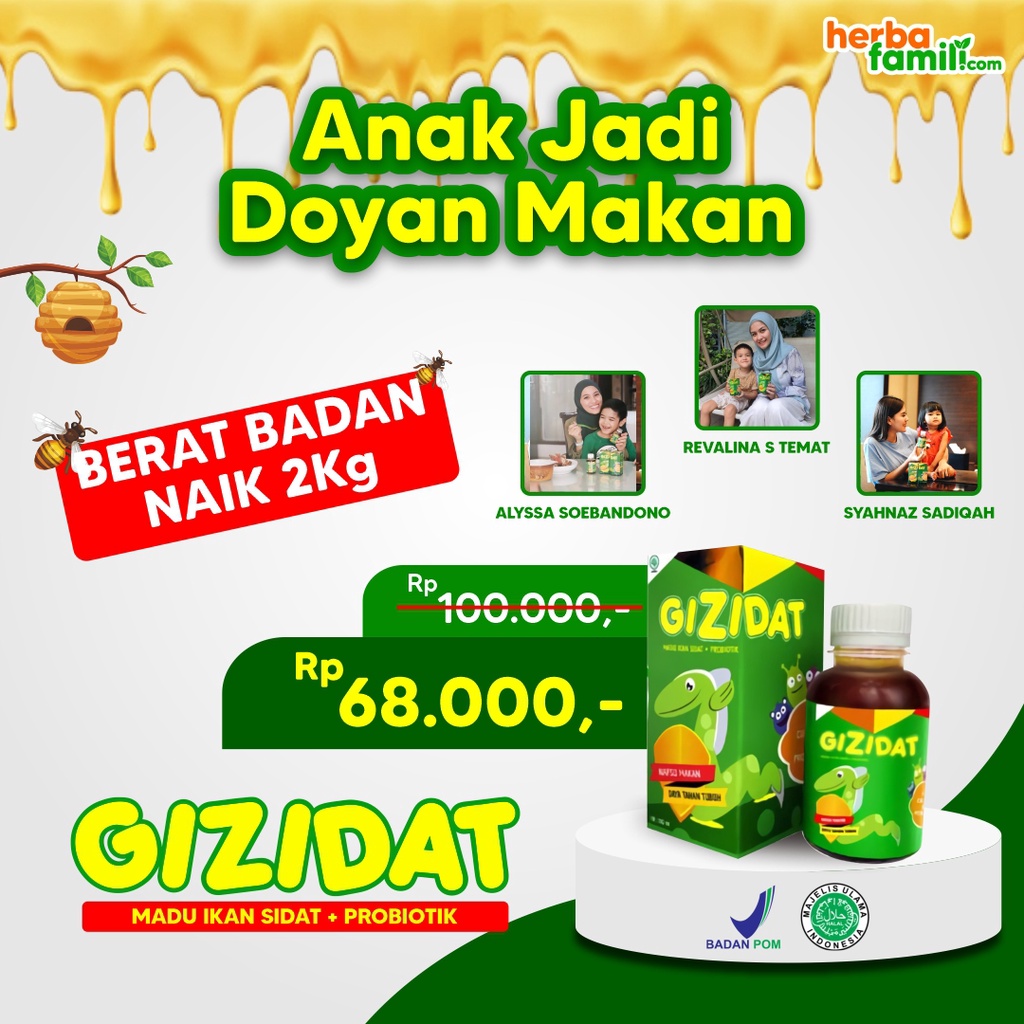 Gizidat Madu Gemuk Anak - Multivitamin Nutrisi Penambah Nafsu Makan &amp; Berat Badan Tingkatkan Daya Tubuh Lancarkan Pencernaan Ekstrak Ikan Sidat Original Isi 130ml