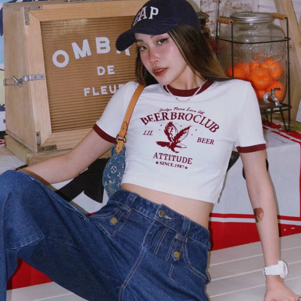 BeerBro American retro ketat warna kontras manset kerah lengan pendek T-shirt hot girl cropped pusar