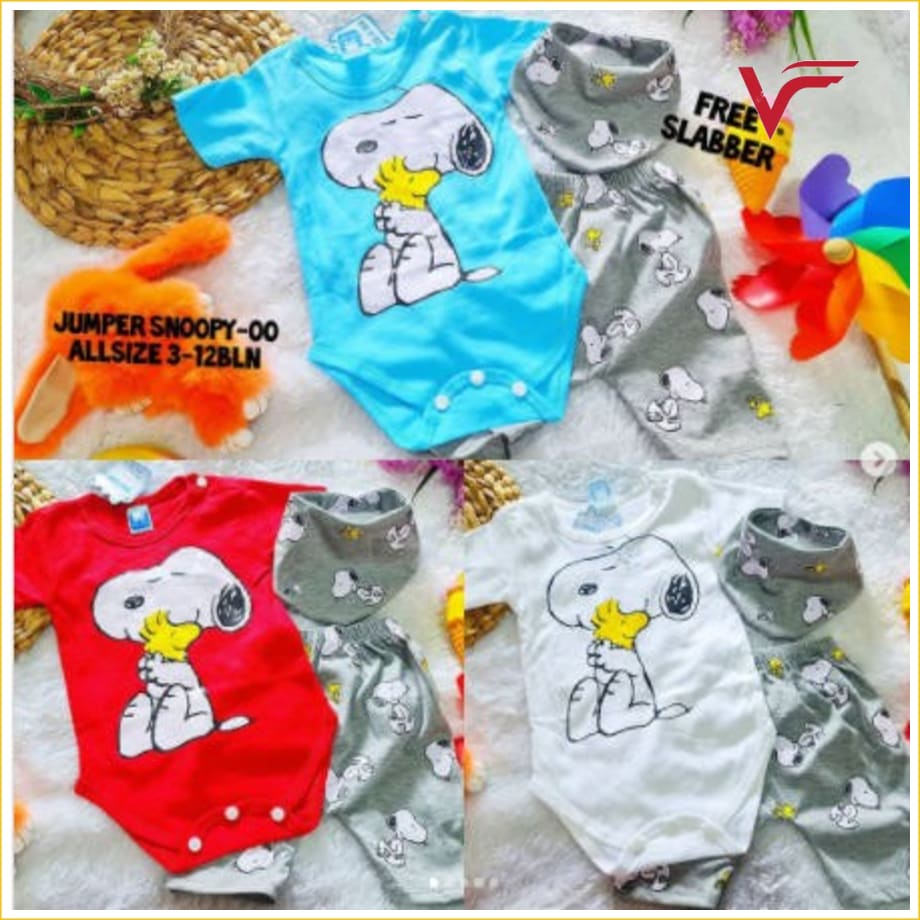 Baju Bayi Laki Laki Setelan Jumper Bayi Set Free Slabber Snoopy - Biru Muda Setelan Bayi