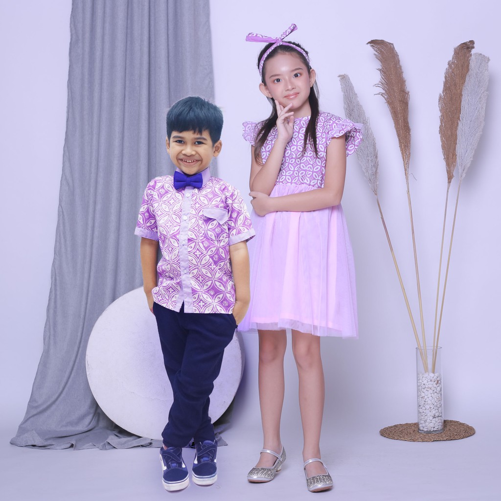 DRESS DRES ROK TUTU KEMEJA BATIK ANAK UNGU KAWUNG