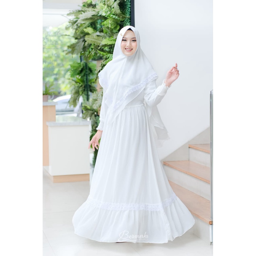 Gamis CERUTY renda putih SET KHIMAR LAYKA ori bermerks syari haji umroh branded modis modern