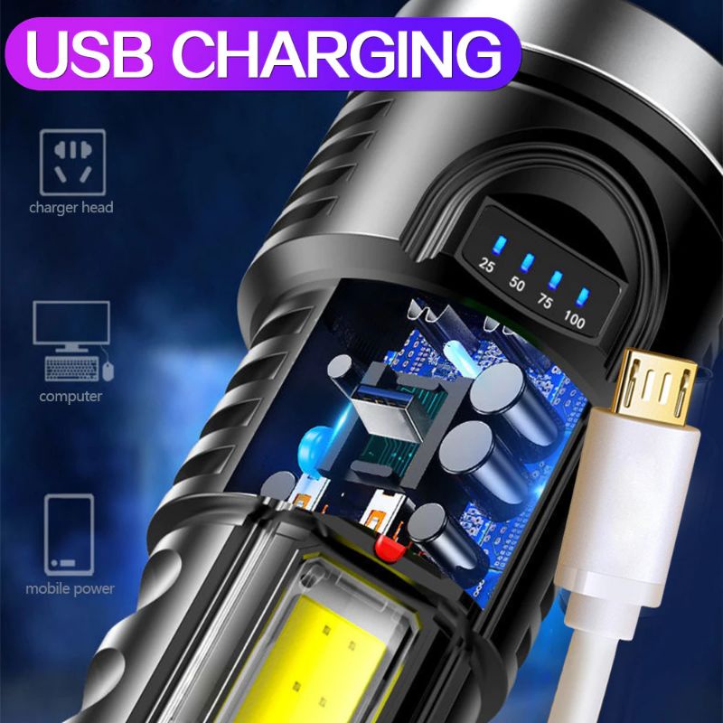 Senter LED Flashlight Torch Waterproof USB Rechargeable Cree XPE + COB 7800 Lumens - Black