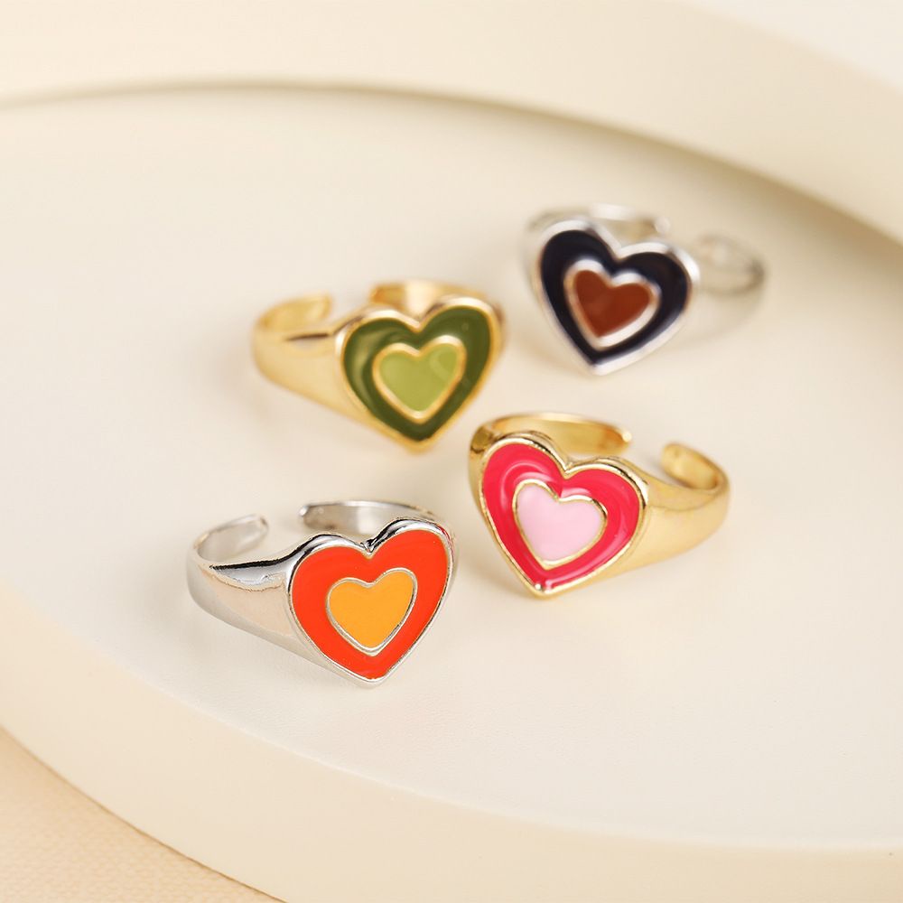 Needway  Colorful Heart Rings Simple Finger Rings Open Ring Dripping Oil Creative Korean Temperament Vintage Double Layer Love Fashion Jewelry