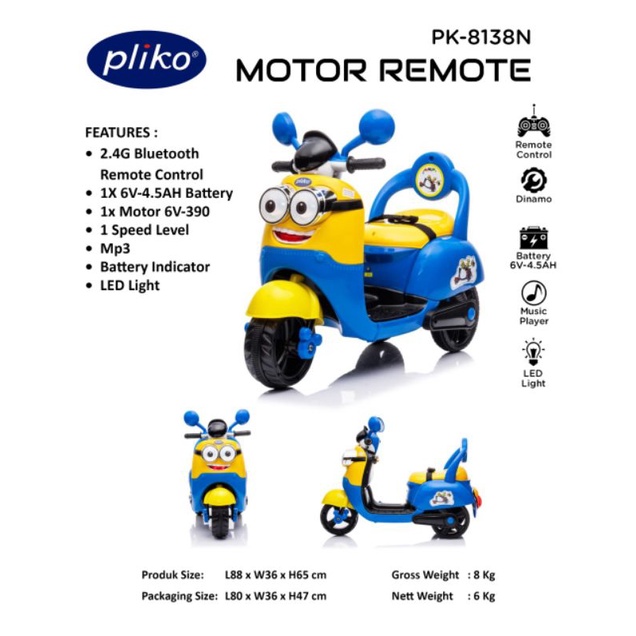 Sepeda motor aki anak dengan remot PLIKO PK-8138N