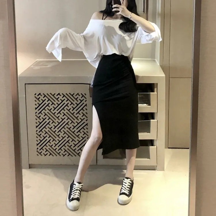 Korean Midi Skirt Plain Split Rok Belah Hitam Polos 1265 (S/M/L)-7