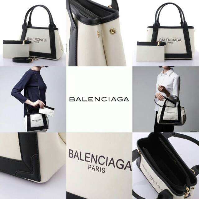 Balenciaga Cabas Tote Medium BlackWhite Calfskin Leather