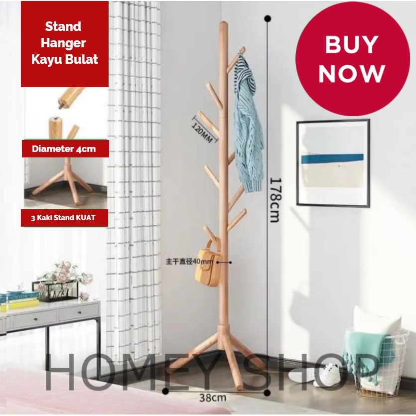 MH178 KAYU BULAT + Stand Hanger / Gantungan Tiang Berdiri / Hanger Gantungan Baju Tas