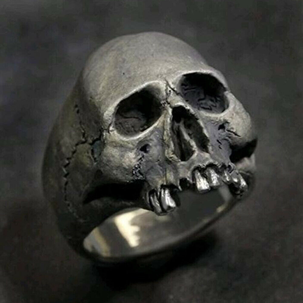 Cincin Tengkorak Gothic Baja Titanium Hitam Antik Perhiasan Fashion Pria Punk Rings