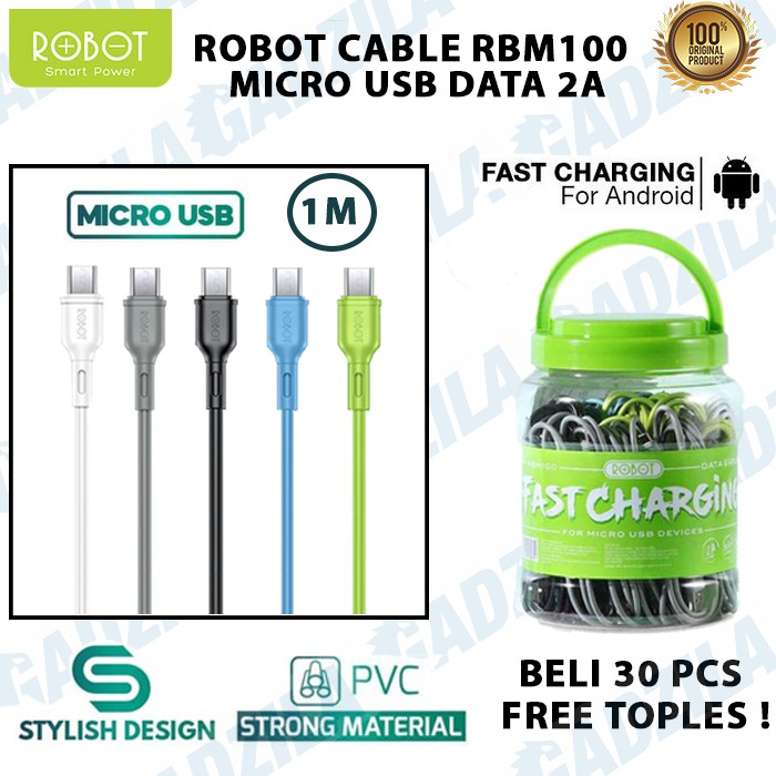 Kabel Charger Powerbank Robot RBM100s Micro USB 100cm Samsung Oppo Vivo