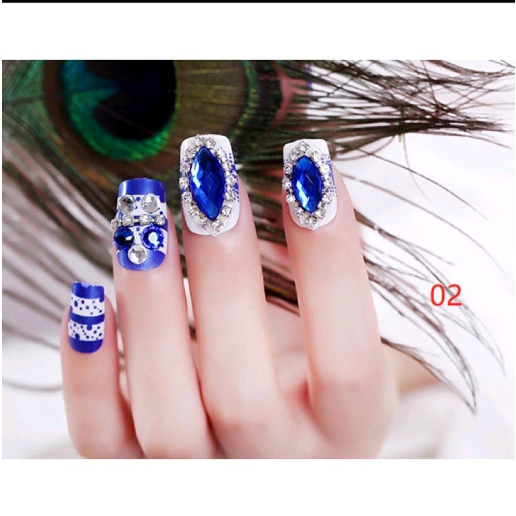 24PCS BLUE WEDDING FAKE NAILS KUKU PALSU WARNA BIRU PERNIKAHAN KUPAL WEDDING RHINESTONE / KUKU PALSU